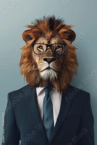 Majestic lion portrait exuding confidence in business attire, representing leadership and success in the corporate world © Minerva Studio