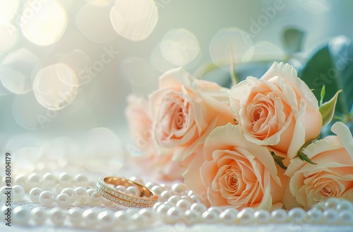 A beautiful bouquet of roses and two golden wedding rings on a white table with pearls