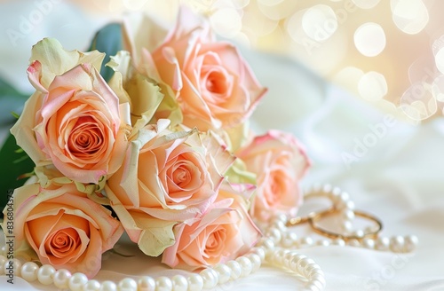 A beautiful bouquet of roses and two golden wedding rings on a white table with pearls