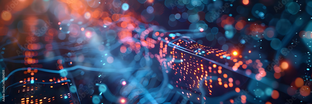 Obraz premium Digital backdround ideal for technological operations, neural networks, AI, data transmission and encryption, digital archives, audio and visual representations, scientific research