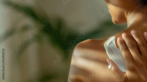 Person applying soothing lotion to a sunburned back, with space for text. photo