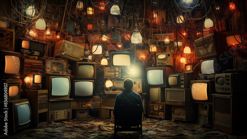 Lots of TV screens in a dark room. Television addiction. Manipulation of people with the help of mass media