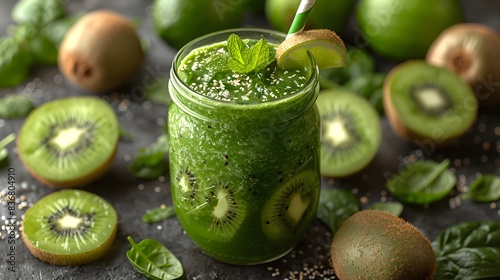 A vibrant green smoothie in a glass jar with a straw, surrounded by fresh spinach, kiwi, and lime