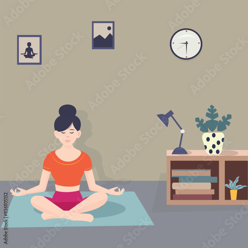 Young woman meditating while practicing yoga indoors