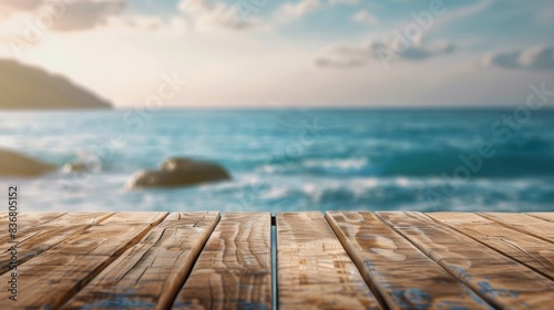 Empty wooden table top for product display  presentation stage. Sunny seascape in the background. 