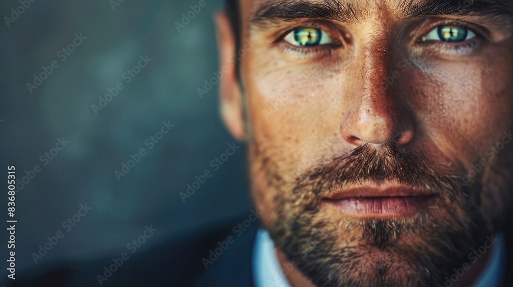 Close-up of a businessman's face showing resolve and determination Close-up of a businessman's face showing resolve and determination