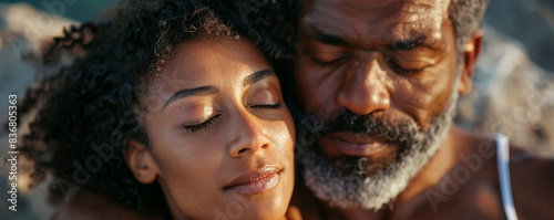 Retrato de pareja afroamericana tomando el sol en la playa. photo