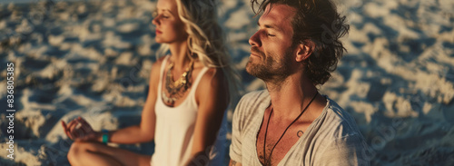 Pareja meditando en la playa.