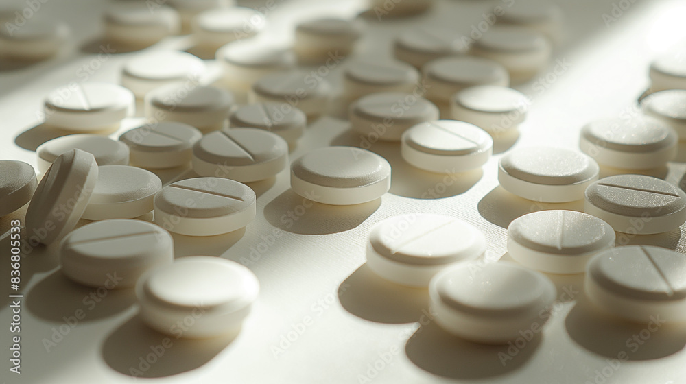 white tablets, clean and clinical aesthetics for use in pharmaceutical advertising, medical presentations or health-related graphics.