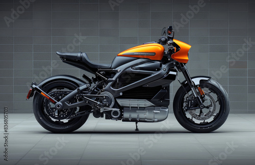 RparDy Harley Davidson superbike concept, electric motorbike with orange and black colors. Created with Ai © Yabasiatu