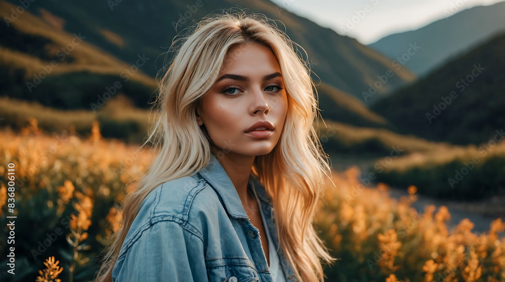 Stunning portrait of a beautiful woman influencer and model with blonde hair highlights