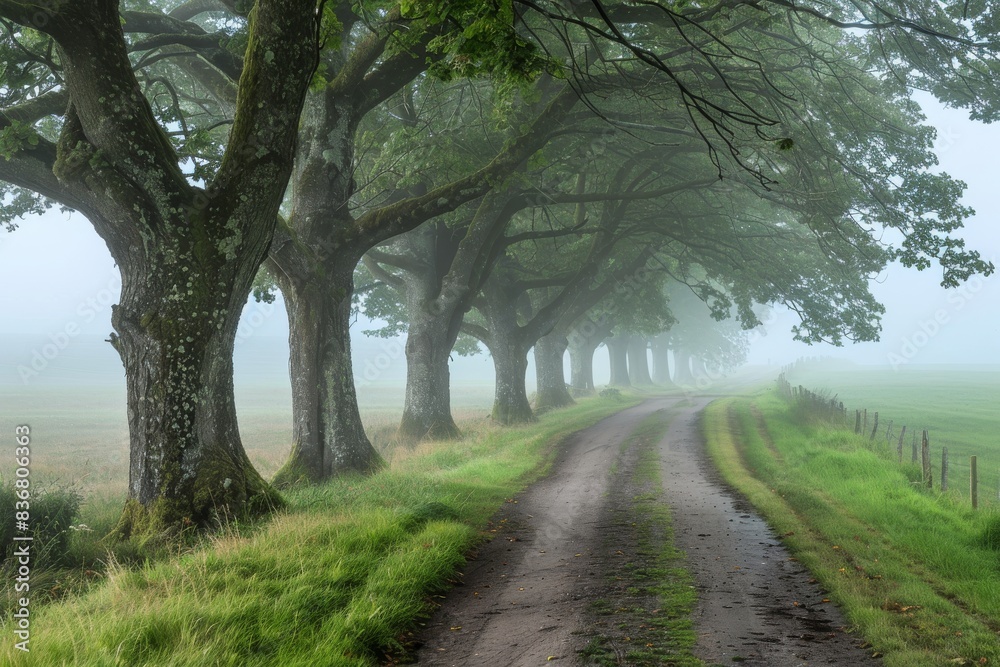 Serene Misty Tree-Lined Country Lane in Early Morning Foggy Landscape with Lush Green Foliage. Serene Misty Tree-Lined Country Lane in Early Morning Foggy Landscape with Lush Green Foliage.