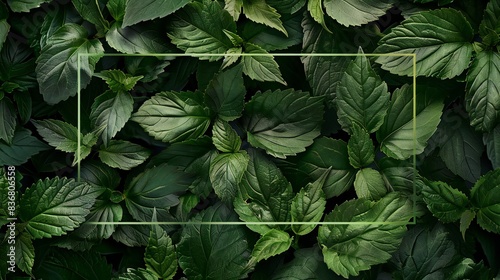 Big dock leaves creating a dense herbal background with a rectangular vector frame overlay.