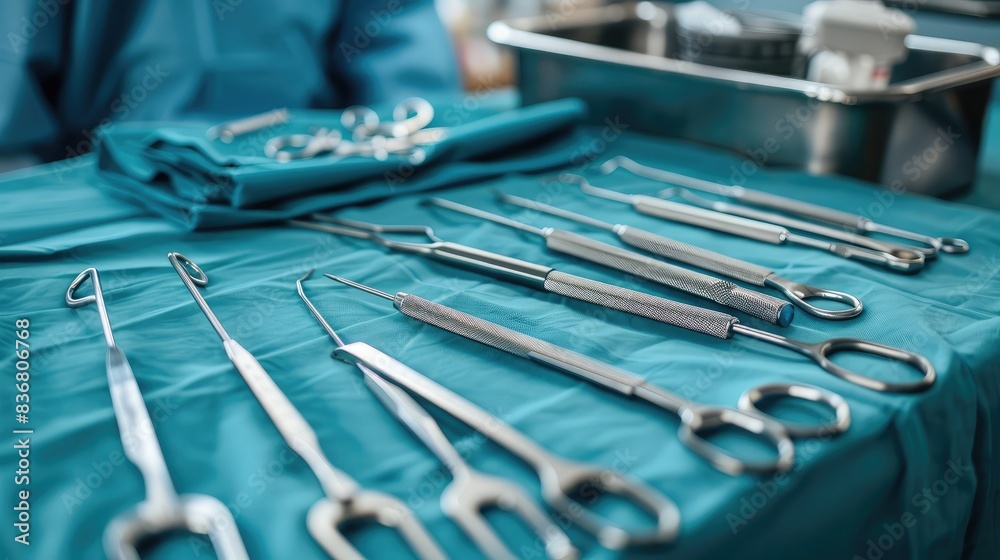 Close-up of surgical instruments laid out on a sterile table Close-up of surgical instruments laid out on a sterile table