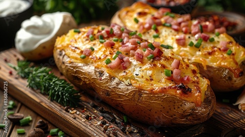 A loaded baked potato with sour cream  chives  and cheese  placed on a wooden table background with copy space