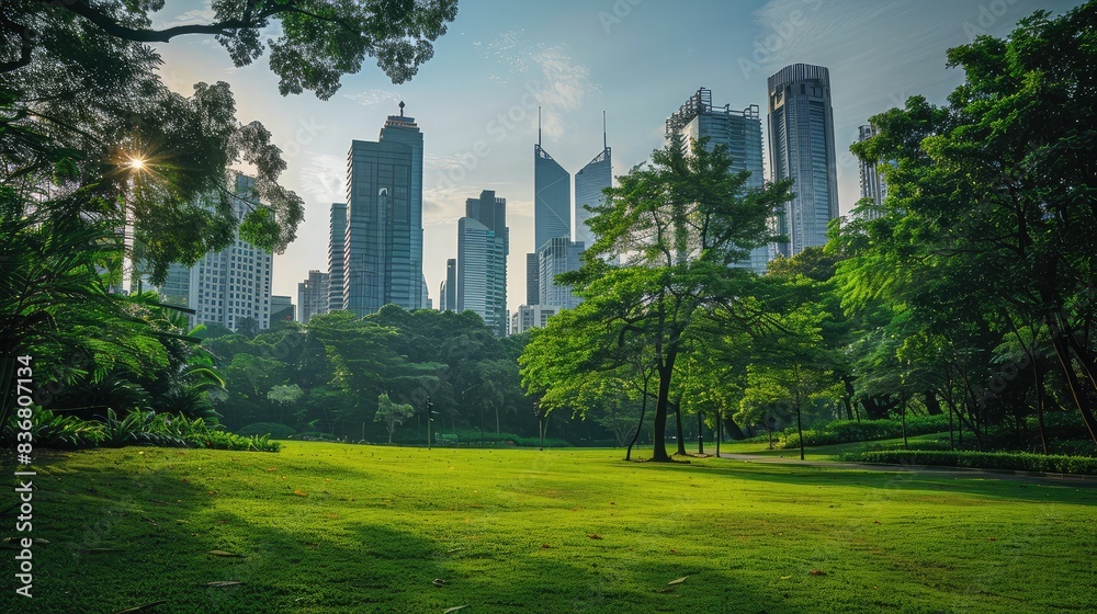 Obraz premium Lush green park in contrast with a polluted city skyline affected by PM 2.5