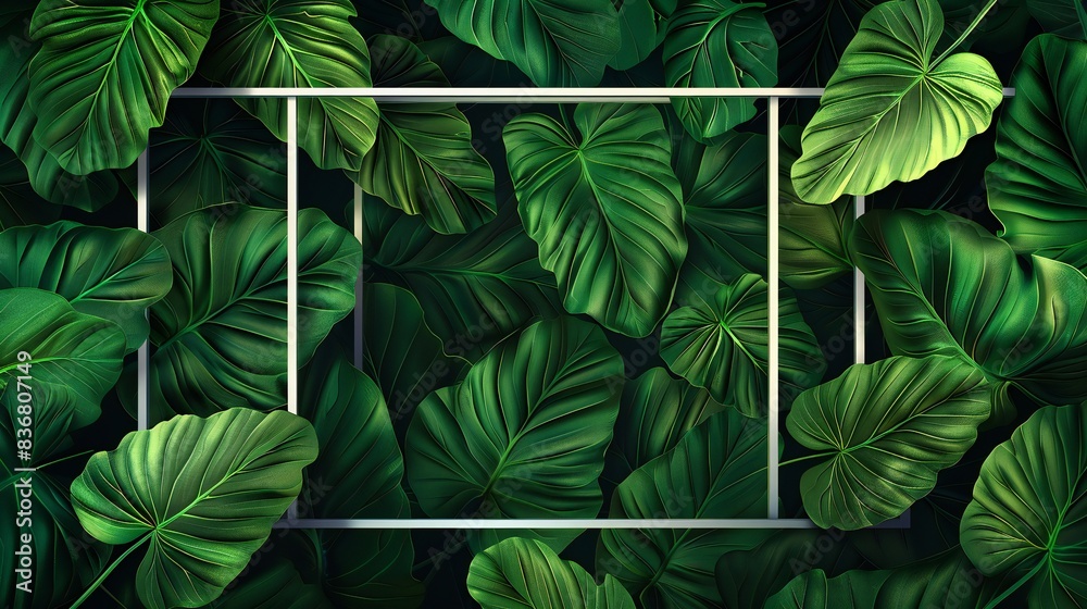 Elephant ear leaves forming a vibrant background with a rectangular vector frame overlay. Elephant ear leaves forming a vibrant background with a rectangular vector frame overlay.