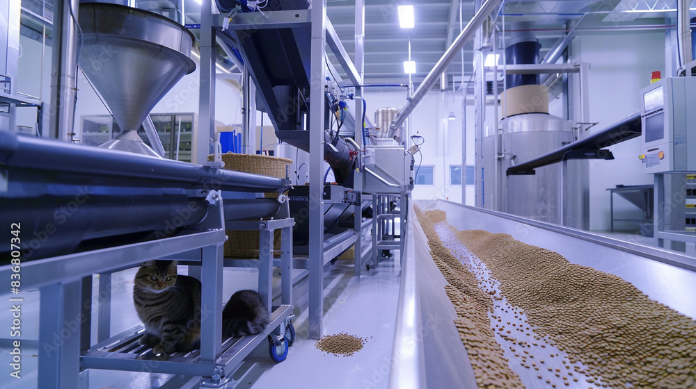 A high-tech facility for dry cat food production, showcasing the pelleted feed manufacturing process A high-tech facility for dry cat food production, showcasing the pelleted feed manufacturing process