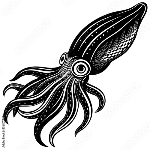 Black and White Illustrations of Sea Creatures and Fish, silhouette illustrations of various sea creatures in hand drawn style