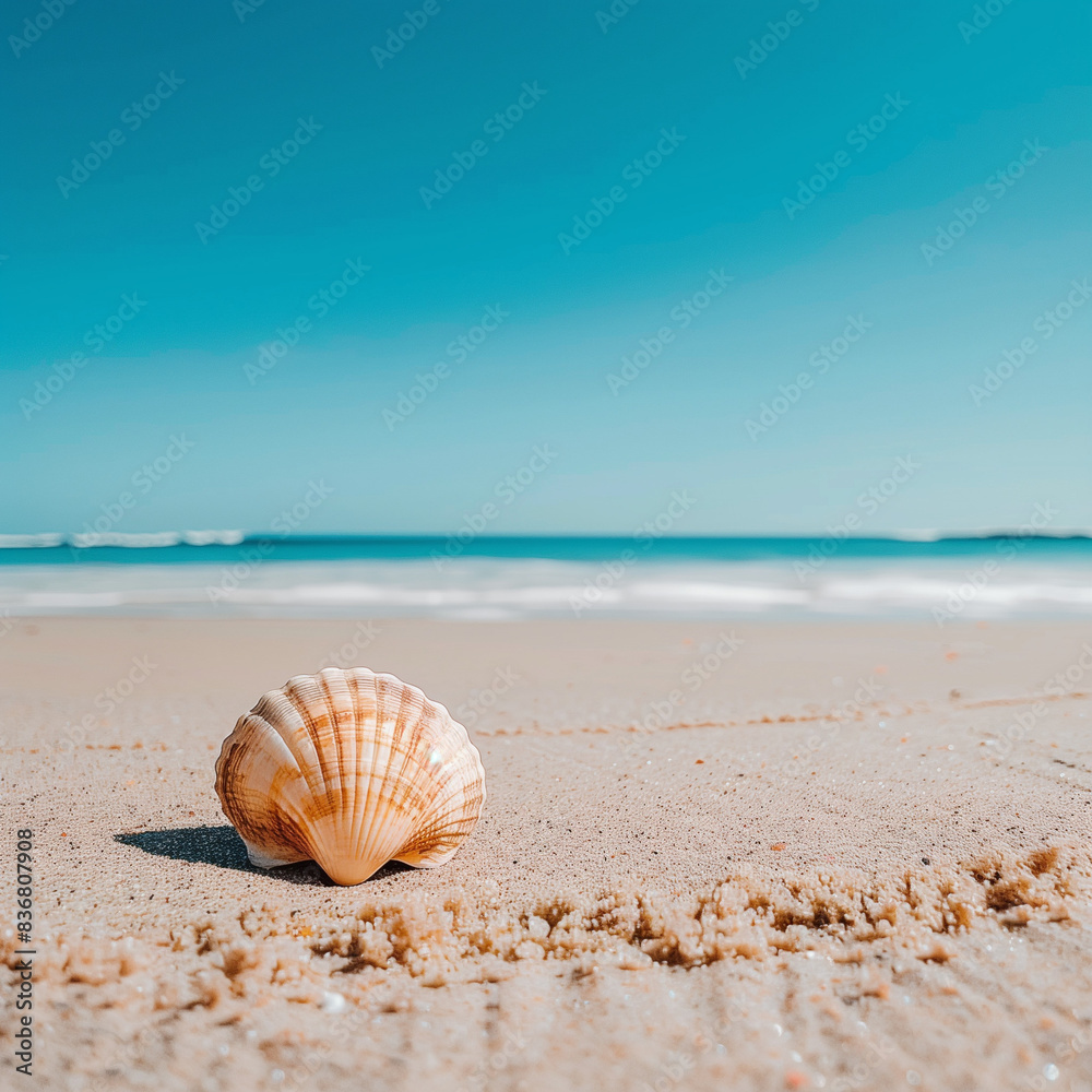 Seashell on sandy beach with clear blue sky, tranquil day Seashell on sandy beach with clear blue sky, tranquil day