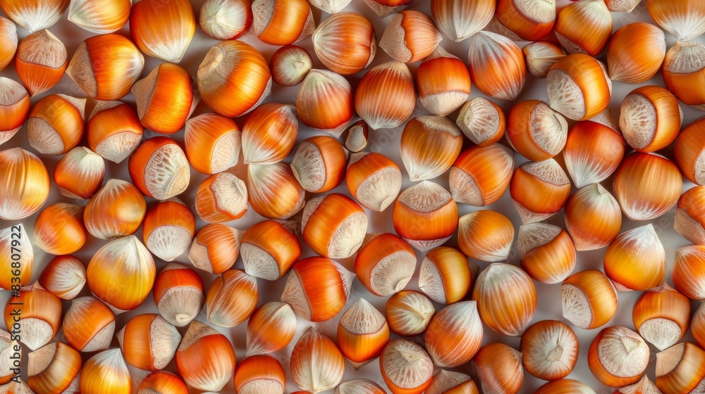 Fototapeta premium Closeup of Whole Hazelnuts in a Brown and White Pattern backdrop