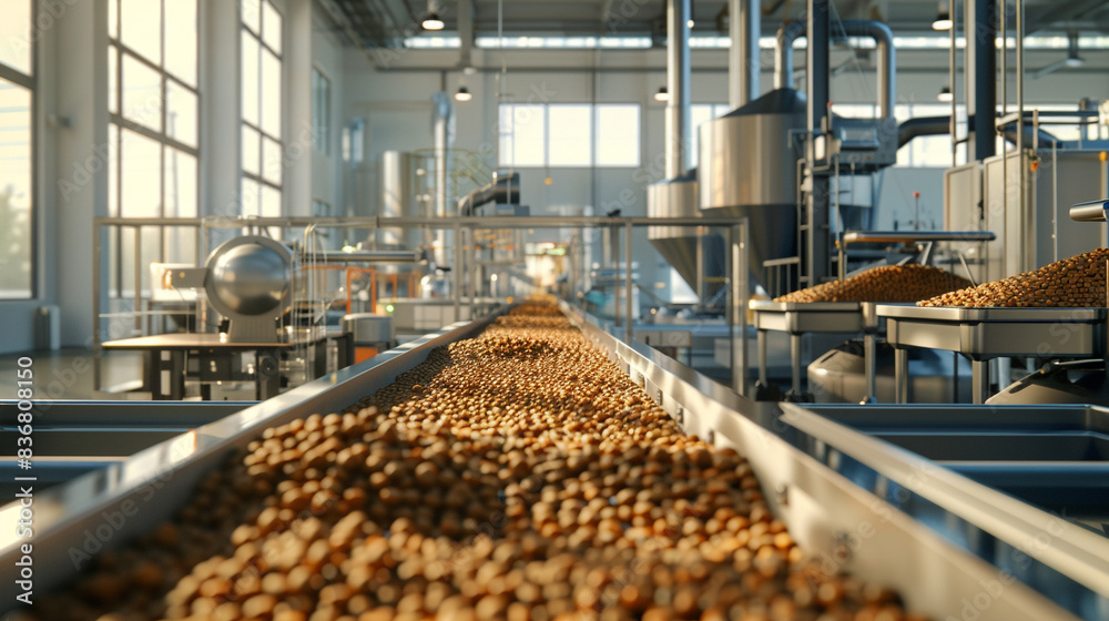 A high-tech pet food factory, producing dry dog food pellets with state-of-the-art equipment A high-tech pet food factory, producing dry dog food pellets with state-of-the-art equipment