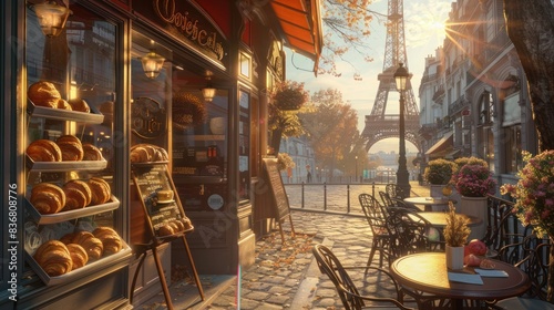 Charming Parisian street with cozy cafe and Eiffel Tower in the background. Morning sun casting warm light over cobblestone walkway and outdoor tables.