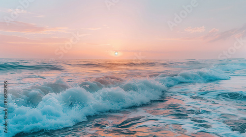 Calm ocean waves on the background of pink sunset  serene seascape