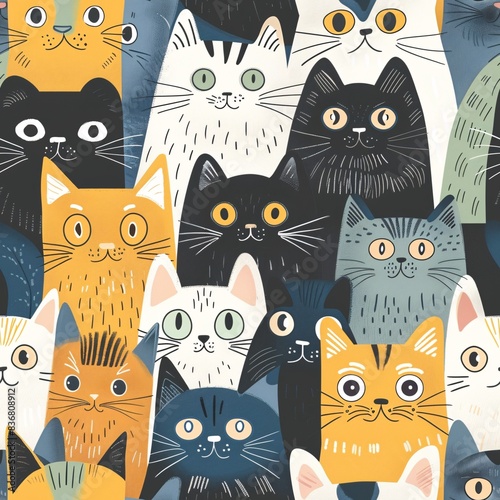 A detailed seamless pattern featuring different cartoon cat characters, including kittens and adult cats, elegantly arranged for a sophisticated repetitive design photo