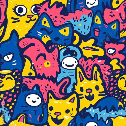 A vibrant seamless pattern with an assortment of cartoon cat characters engaged in fun activities, creating a lively and repetitive design photo