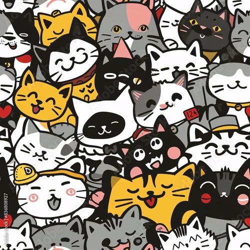 An elegant seamless pattern showcasing detailed illustrations of cute cartoon cats with different expressions and accessories, artistically intertwined for a cohesive layout photo