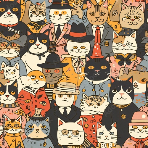 A seamless pattern of whimsical cartoon cats in various outfits and playful scenes, harmoniously blended to create an intricate and continuous layout photo