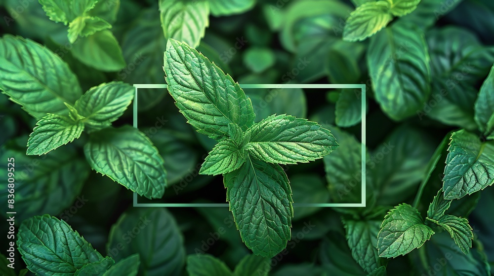 Peppermint leaves with a rectangular frame on top. Peppermint leaves with a rectangular frame on top.