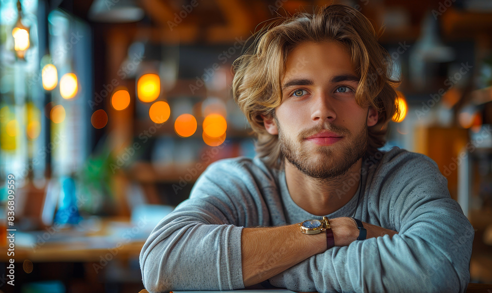 Pensive young man thinking at a cozy caf? during the evening. Attractive student or blogger contemplating, surrounded by warm lights and relaxed atmosphere, ideal for creative lifestyle themes Pensive young man thinking at a cozy caf? during the evening. Attractive student or blogger contemplating, surrounded by warm lights and relaxed atmosphere, ideal for creative lifestyle themes