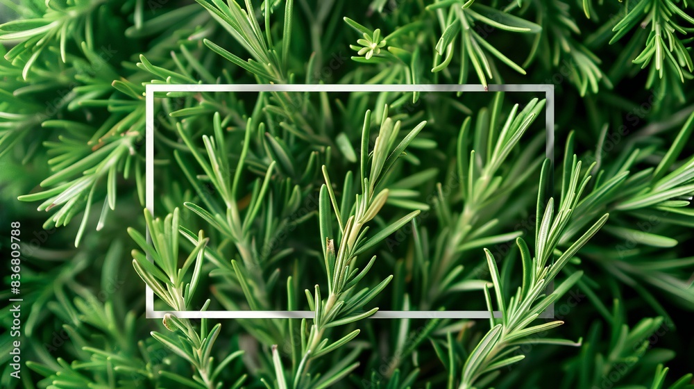 Rosemary sprigs with a rectangular frame on top. Rosemary sprigs with a rectangular frame on top.