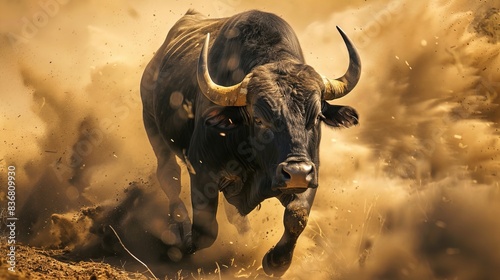 A bull is running through a field of dust