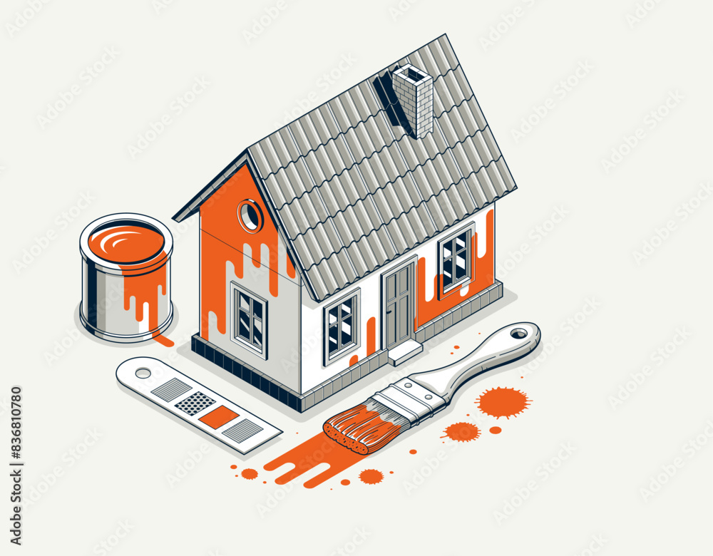 Painting house exterior walls vector 3D isometric illustration, diy facade paint renovation, residential small family house or cottage, outside painting building. Painting house exterior walls vector 3D isometric illustration, diy facade paint renovation, residential small family house or cottage, outside painting building.
