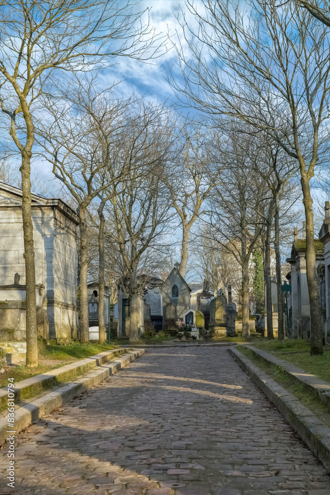 Paris, the Pere-Lachaise cemetery, cobbled alley with graves
Paris, the Pere-Lachaise cemetery, cobbled alley with graves