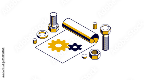 User manual and guideline concept, technics instruction brochure, paper sheet with gears 3D isometric vector illustration, engineering and repair tutorial.