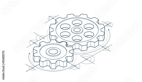 Mechanical engineering concept, gears and cogs with project drawing draft isometric 3D vector illustration, cogwheels system technology and technics machinery engine.