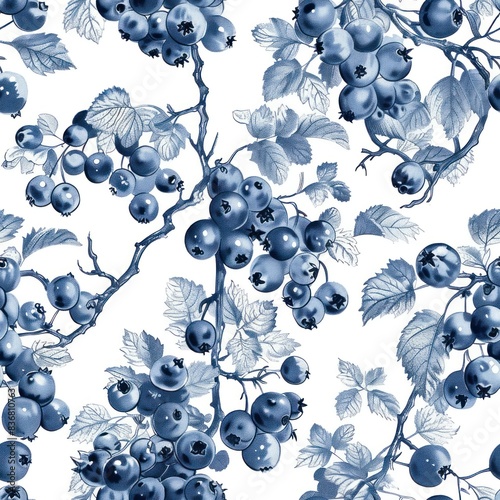 blue toile de jouy seamless repeating blueberry pattern