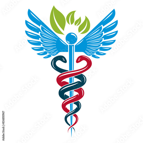 Caduceus symbol composed with poisonous snakes and bird wings, healthcare conceptual vector illustration. Alternative medicine theme.