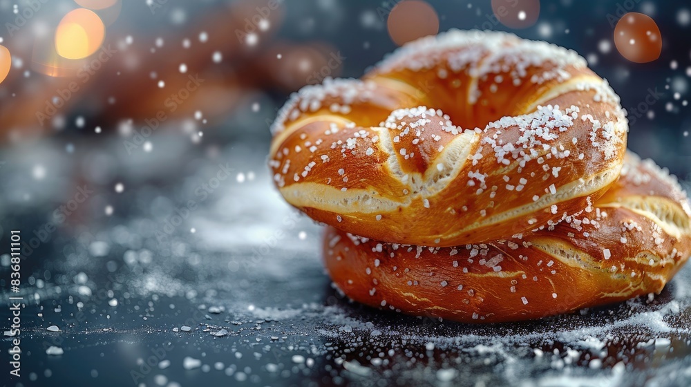 A soft pretzel with a sprinkle of salt, set against a sports stadium background with copy space