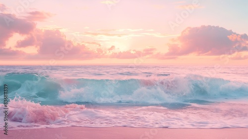 Pink sand beach beautiful view, ocean sea waves