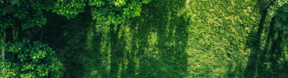 A large green lawn with flat grass, top view, in high resolution with no blur effect. 