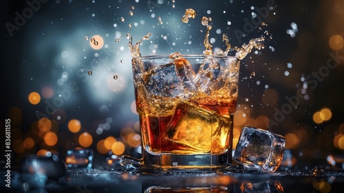 Cognac and ice in s glass with splash