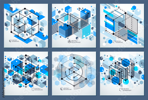 Geometric technology vector blue drawings set, 3D technical wallpaper. Illustration of engineering system, abstract technological backdrop. Abstract technical background.