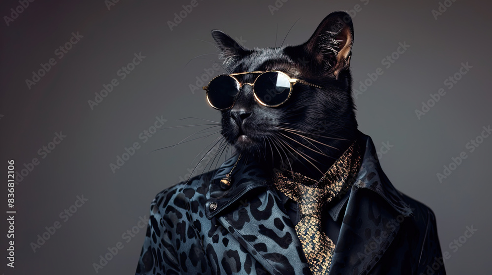 Luxurious animal adorned in funky attire - jacket, tie, sunglasses, against a plain backdrop. Posing with the regal poise of a supermodel, radiating opulence and style. Luxurious animal adorned in funky attire - jacket, tie, sunglasses, against a plain backdrop. Posing with the regal poise of a supermodel, radiating opulence and style.