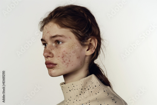 A teenager with acne on her face, smiling gently. Her skin shows visible imperfections but radiates confidence and natural beauty.