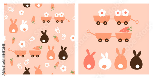 Seamless pattern with bunny rabbit cartoons, daisy flower, carrot, foot prints and garden cart on orange background vector. Cute childish print. Rabbit icon set.